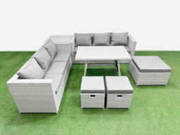 Fimous Rattan Garden Furniture Dining Set 9-Seater Patio Rectangular Table 3 Seater Sofa Set With Side Table 3 Stools Light Grey - thumbnail 1