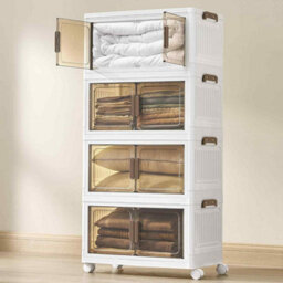 Stackable 4-Tier Storage Cabinet With Lid, Plastic Organiser Boxes On Wheels With Magnetic Door, White - thumbnail 1