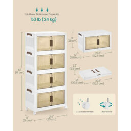 Stackable 4-Tier Storage Cabinet With Lid, Plastic Organiser Boxes On Wheels With Magnetic Door, White - thumbnail 2