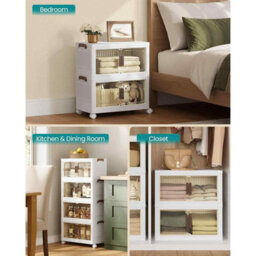 Stackable 4-Tier Storage Cabinet With Lid, Plastic Organiser Boxes On Wheels With Magnetic Door, White - thumbnail 6