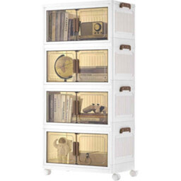 Stackable 4-Tier Storage Cabinet With Lid, Plastic Organiser Boxes On Wheels With Magnetic Door, White - thumbnail 7
