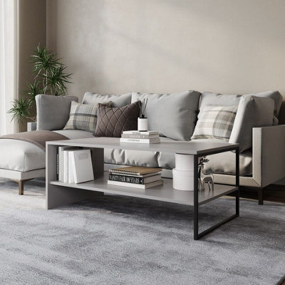 Urbn-Living Urbnliving 100Cm Width Wooden Coffee Table Steel Frame Open Storage Shelf Living Room Furniture, Grey - image 1