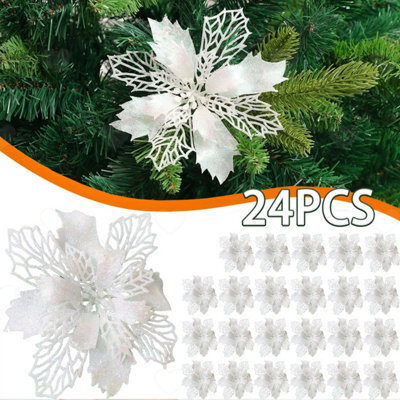 Amorly 24Pcs White Glitter Mesh Artificial Poinsettia Picks With Holly Leaves, Decorative Flowers For Christmas Tree, Wreath And Garland - image 1