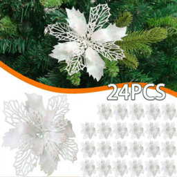 Amorly 24Pcs White Glitter Mesh Artificial Poinsettia Picks With Holly Leaves, Decorative Flowers For Christmas Tree, Wreath And Garland - thumbnail 1