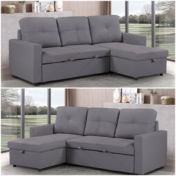 SquareBoxx Milano 3 Seater L Shape Pullout Sofa Bed With Deep Storage Compartment & Reversible Chaise  - Grey