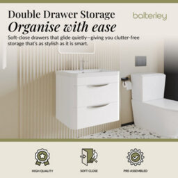Balterley Aldershawe Modern Bathroom Wall Hung 2 Drawer Vanity Unit Basin, Gloss White, 550mm - thumbnail 2