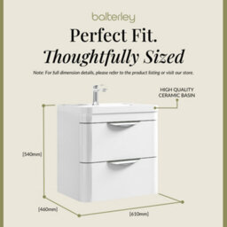Balterley Aldershawe Modern Bathroom Wall Hung 2 Drawer Vanity Unit Basin, Gloss White, 550mm - thumbnail 5
