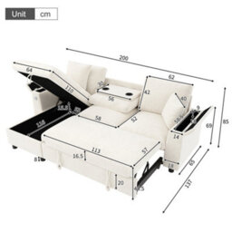 Abrihome Beige L-Shaped Sofa Bed 200X137X85Cm, 2 Storage Armrests, Hidden Tray With Cup Holders, Usb & Type-C - thumbnail 6