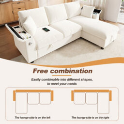 Abrihome Beige L-Shaped Sofa Bed 200X137X85Cm, 2 Storage Armrests, Hidden Tray With Cup Holders, Usb & Type-C - thumbnail 4