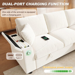 Abrihome Beige L-Shaped Sofa Bed 200X137X85Cm, 2 Storage Armrests, Hidden Tray With Cup Holders, Usb & Type-C - thumbnail 3