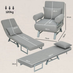 Single Sofa Bed, Convertible Folding Chair Bed, Light Grey - thumbnail 2