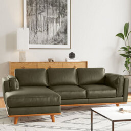 Valencia Artisan Top Grain Leather Three Seats With Left Chaise Sofa Dark Green Alder Wood Legs And Frame - thumbnail 2