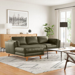 Valencia Artisan Top Grain Leather Three Seats With Left Chaise Sofa Dark Green Alder Wood Legs And Frame - thumbnail 4