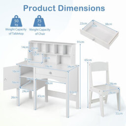 Costway Kids Study Desk And Chair Set Children Wooden Craft Table & Chair-White - thumbnail 2