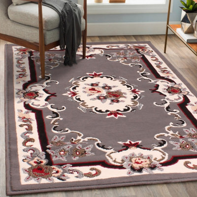 Traditional Grey Bordered Floral Rug For Dining Room-100Cm X 150Cm - image 1