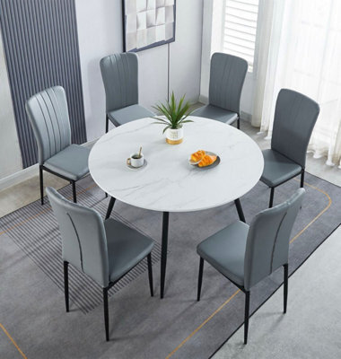 Hallowood Furniture Cullompton Large Round Dining Table 120Cm With 6 Light Grey Faux Leather Chairs - image 1