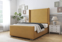 "Sloomy Devonshire Mustard Plush Bed Frame With Mattress With 50""  Upholstered Wingback Headboard 5' King" - thumbnail 2
