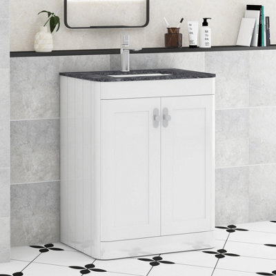 Royal Bathrooms Henley 600mm Gloss White Floor Standing Vanity Unit 2 Door With Undrilled Black Star Top & Chrome Knob - image 1