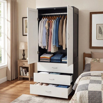 Black&white Wood Wardrobe 2 Door 3 Drawer Bedroom Furniture Clothing Storage With Single Rod - image 1