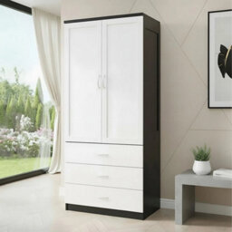 Black&white Wood Wardrobe 2 Door 3 Drawer Bedroom Furniture Clothing Storage With Single Rod - thumbnail 4