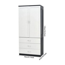 Black&white Wood Wardrobe 2 Door 3 Drawer Bedroom Furniture Clothing Storage With Single Rod - thumbnail 2