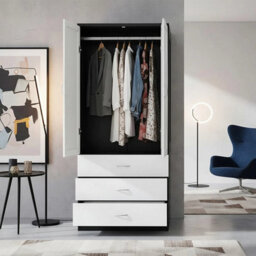 Black&white Wood Wardrobe 2 Door 3 Drawer Bedroom Furniture Clothing Storage With Single Rod - thumbnail 3