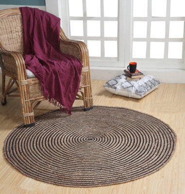 Second Nature Online Chakkar Dark Stripe Round Jute Beige Black Rug / 120 Cm Diameter - image 1