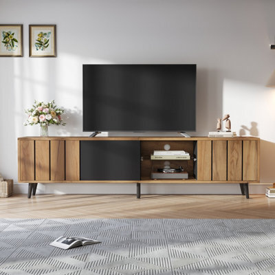 Tv Stand With 3 Doors And 2-Tier Open Shelving, Wood & Black - image 1