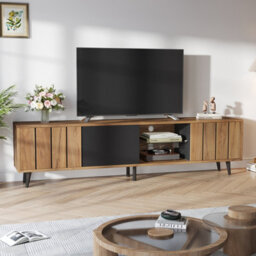 Tv Stand With 3 Doors And 2-Tier Open Shelving, Wood & Black - thumbnail 5