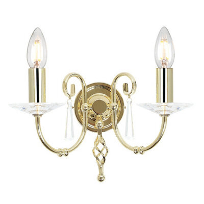 Elegant Twin Wall Light With Cut Glass Droplets And Polished Brass Finish