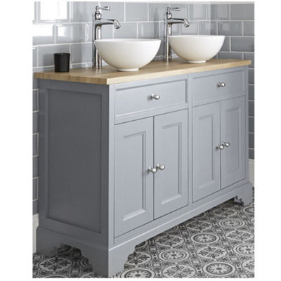 Homestylestore 1210mm Light Grey And Oak Bathroom Vanity Unit With Round Countertop Basins And Chrome Round Handles - image 1