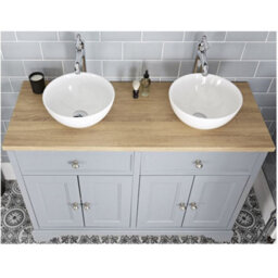 Homestylestore 1210mm Light Grey And Oak Bathroom Vanity Unit With Round Countertop Basins And Chrome Round Handles - thumbnail 2