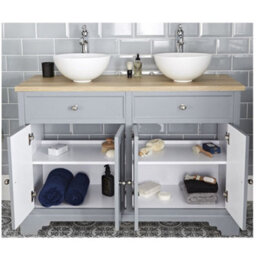 Homestylestore 1210mm Light Grey And Oak Bathroom Vanity Unit With Round Countertop Basins And Chrome Round Handles - thumbnail 3