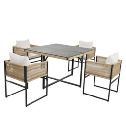 Matteo 5-Piece Garden Dining Set With Square 5mm Tempered Glass Table, 4 Stackable Rope Chairs & Cushions - Beige/black - thumbnail 9