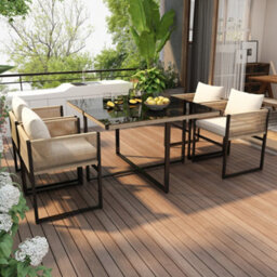 Matteo 5-Piece Garden Dining Set With Square 5mm Tempered Glass Table, 4 Stackable Rope Chairs & Cushions - Beige/black - thumbnail 1