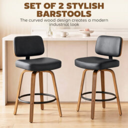 Homcom Bar Stools Set Of 2, 360 Swivel Padded Seat, Curved Wood Legs, Black - thumbnail 4