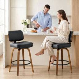 Homcom Bar Stools Set Of 2, 360 Swivel Padded Seat, Curved Wood Legs, Black - thumbnail 2