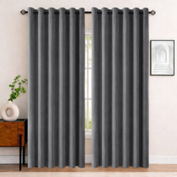 Bedlooms Charcoal Crushed Velvet Curtains Blackout Thermal Insulated Eyelet Curtain (Pair) 66 X 90 Inches With Tie Back Two