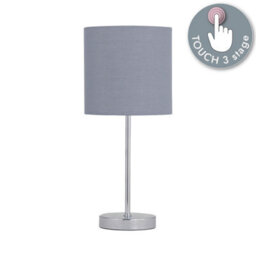 First Choice Lighting Chrome Touch Operated Table Lamp With Grey Cotton Shade