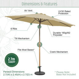 Gardenkraft 2.7M Outdoor Wooden Effect Parasol - Beige - thumbnail 4