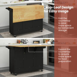 Costway Rolling Kitchen Trolley Cart Kitchen Island W/ Drop-Leaf Countertop-Black - thumbnail 7