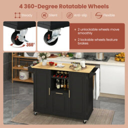 Costway Rolling Kitchen Trolley Cart Kitchen Island W/ Drop-Leaf Countertop-Black - thumbnail 6