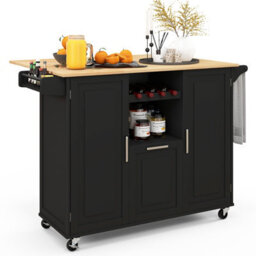 Costway Rolling Kitchen Trolley Cart Kitchen Island W/ Drop-Leaf Countertop-Black - thumbnail 2
