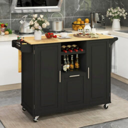 Costway Rolling Kitchen Trolley Cart Kitchen Island W/ Drop-Leaf Countertop-Black - thumbnail 4
