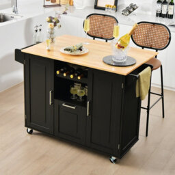 Costway Rolling Kitchen Trolley Cart Kitchen Island W/ Drop-Leaf Countertop-Black - thumbnail 1