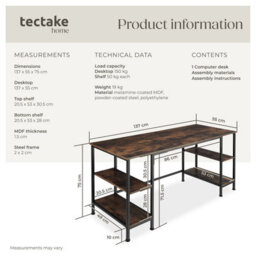 Tectake Desk Stoke - 2 Side Shelves With 2 Storage Compartments Each 55 Cm - Industrial Wood Dark, Rustic - thumbnail 6