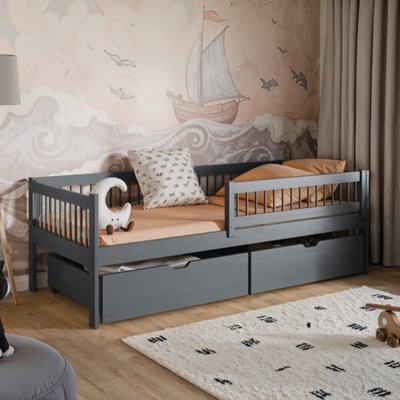 Arte Wooden Single Bed Edi Graphite W194Cm X H64Cm X D96Cm - Solid Pine Design With Dual Drawers & Removable Guardrail - image 1
