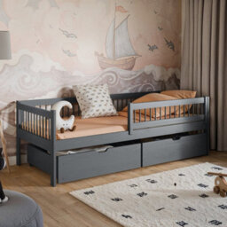 Arte Wooden Single Bed Edi Graphite W194Cm X H64Cm X D96Cm - Solid Pine Design With Dual Drawers & Removable Guardrail - thumbnail 1
