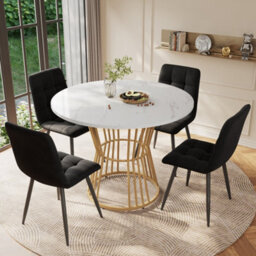 Abrihome Modern White & Gold Kitchen Table With Sturdy Metal Frame-Elegant Marble Dining Or Breakfast Table - thumbnail 1