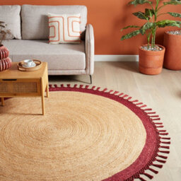 Wyld And Coco 200Cm Round Handwoven Jute Rug Beige With Red Accents Braided Spiral Boho Rustic - thumbnail 2